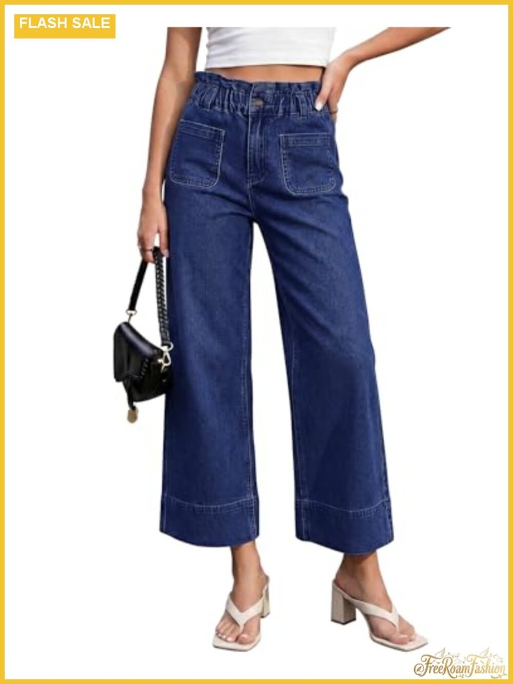 Wide Leg High Waisted Cropped Jeans with Paper Bag Waist Stretchy